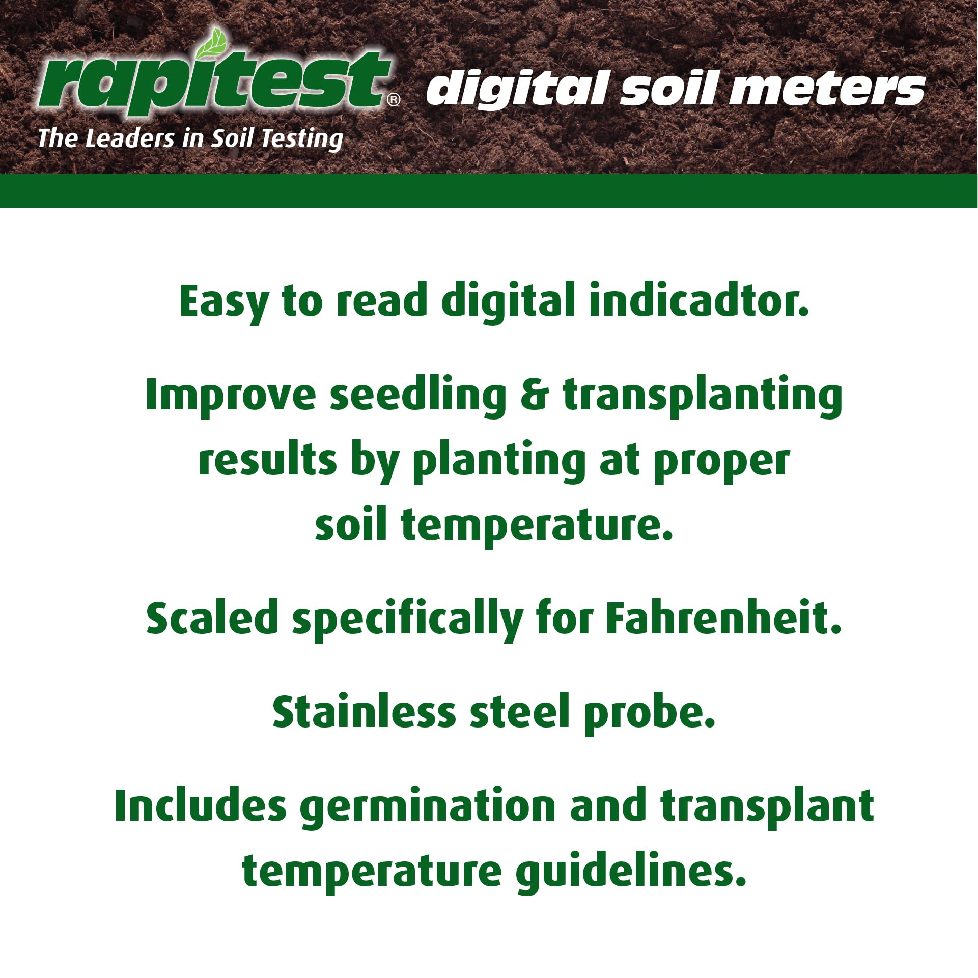 Luster Leaf 1625 probe in soil provides immediate temperature reading for transplant timing