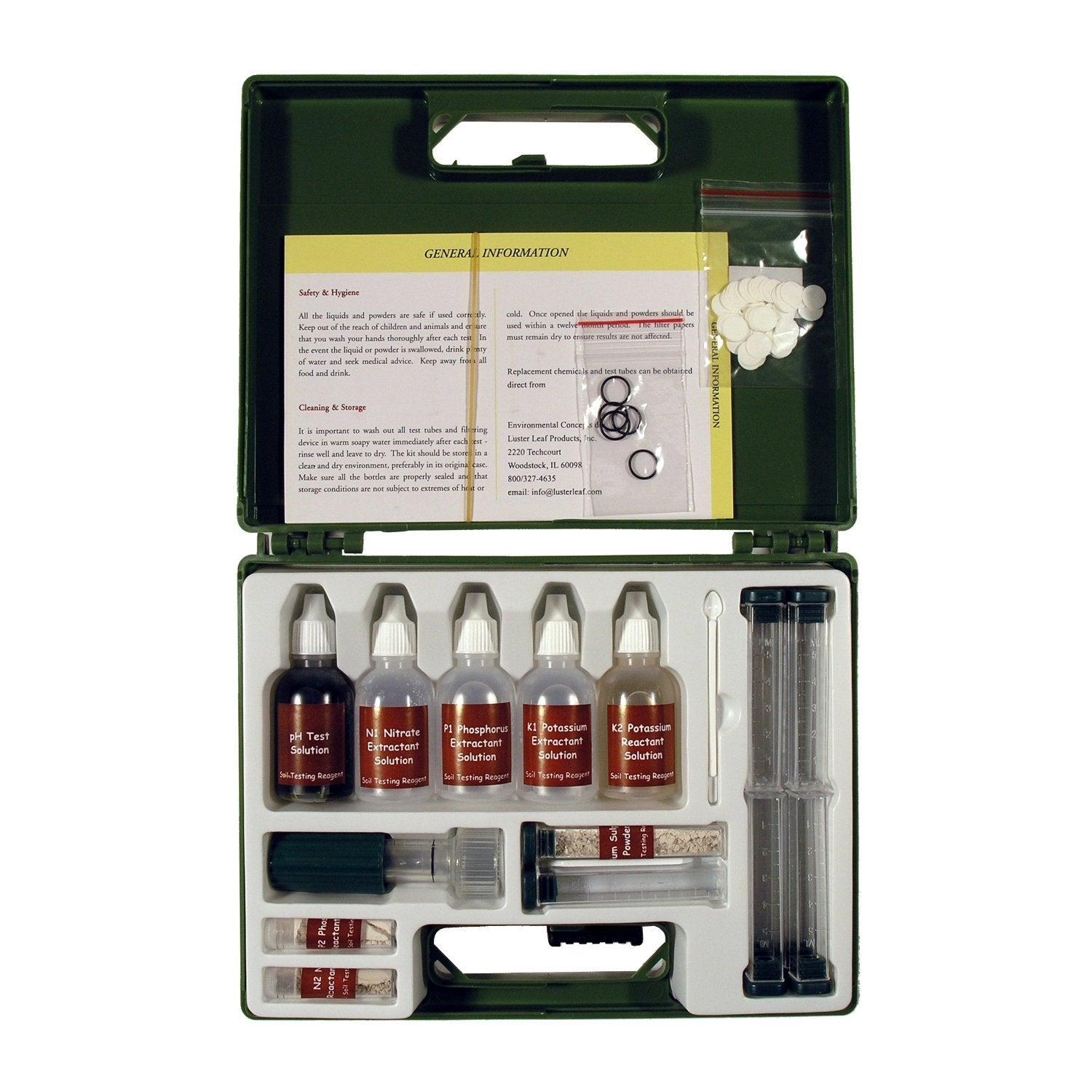 Luster Leaf 1663 test kit case with organized components for easy use.
