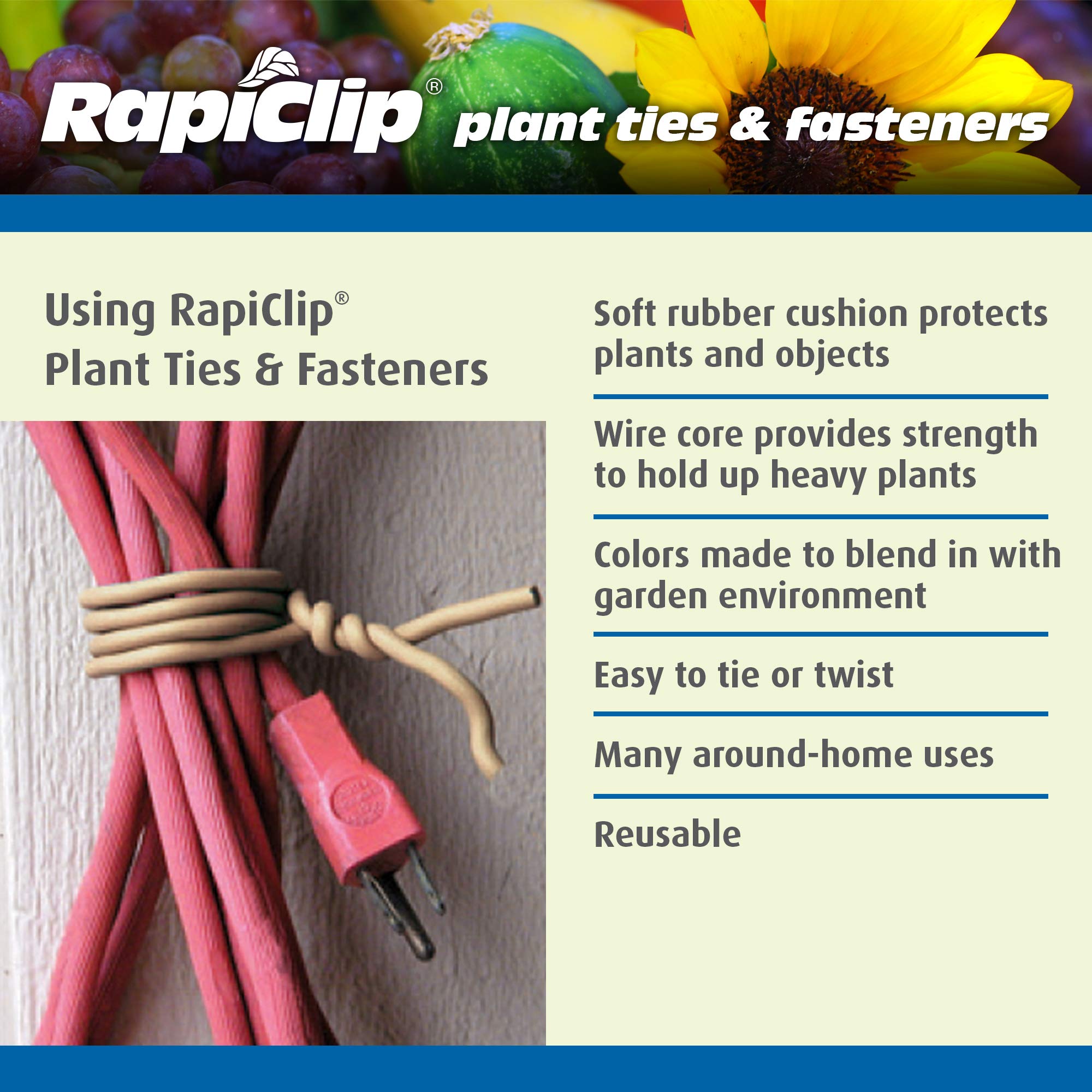 Reusable Rapiclip wire tie ready for twisting and securing in yard tasks