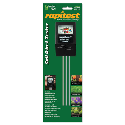 Luster Leaf Rapitest 4-in-1 meter in hand for precise soil checks