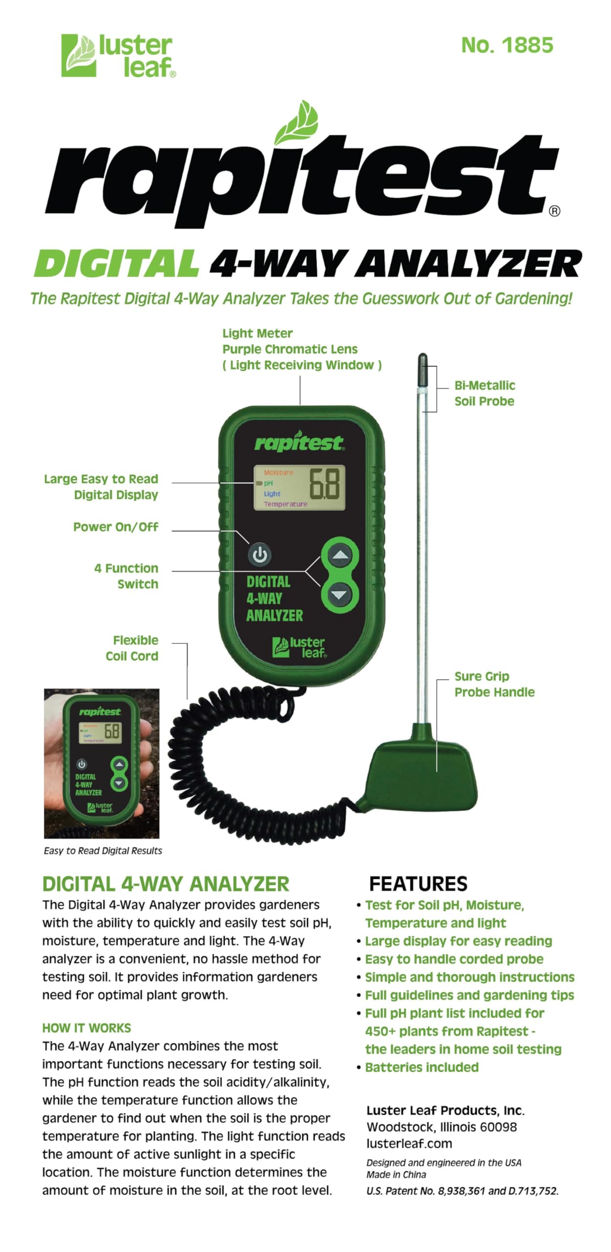 Luster Leaf Rapitest corded probe showing easy handling during testing.