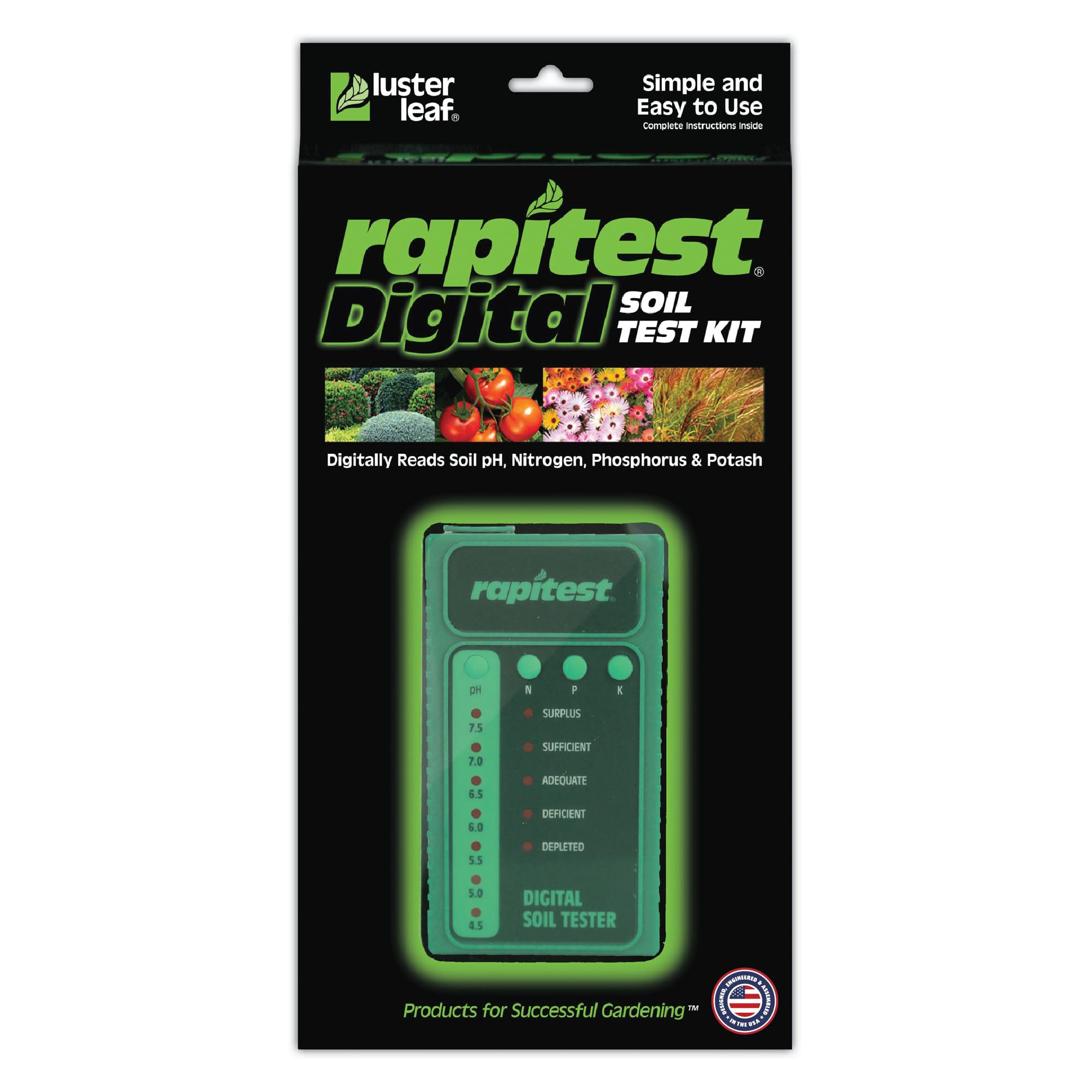 Luster Leaf Rapitest digital tester display shows fast soil readings