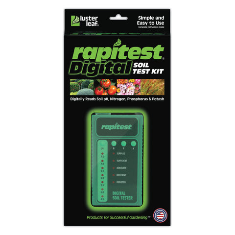 Luster Leaf Rapitest digital tester display shows fast soil readings