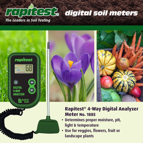 Luster Leaf Rapitest in-hand soil testing for pH, moisture, light, and temp.