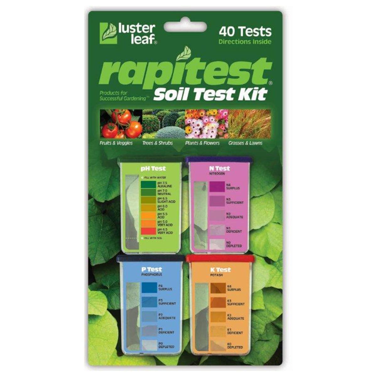 Luster Leaf Rapitest kit box front for quick at-home soil testing.