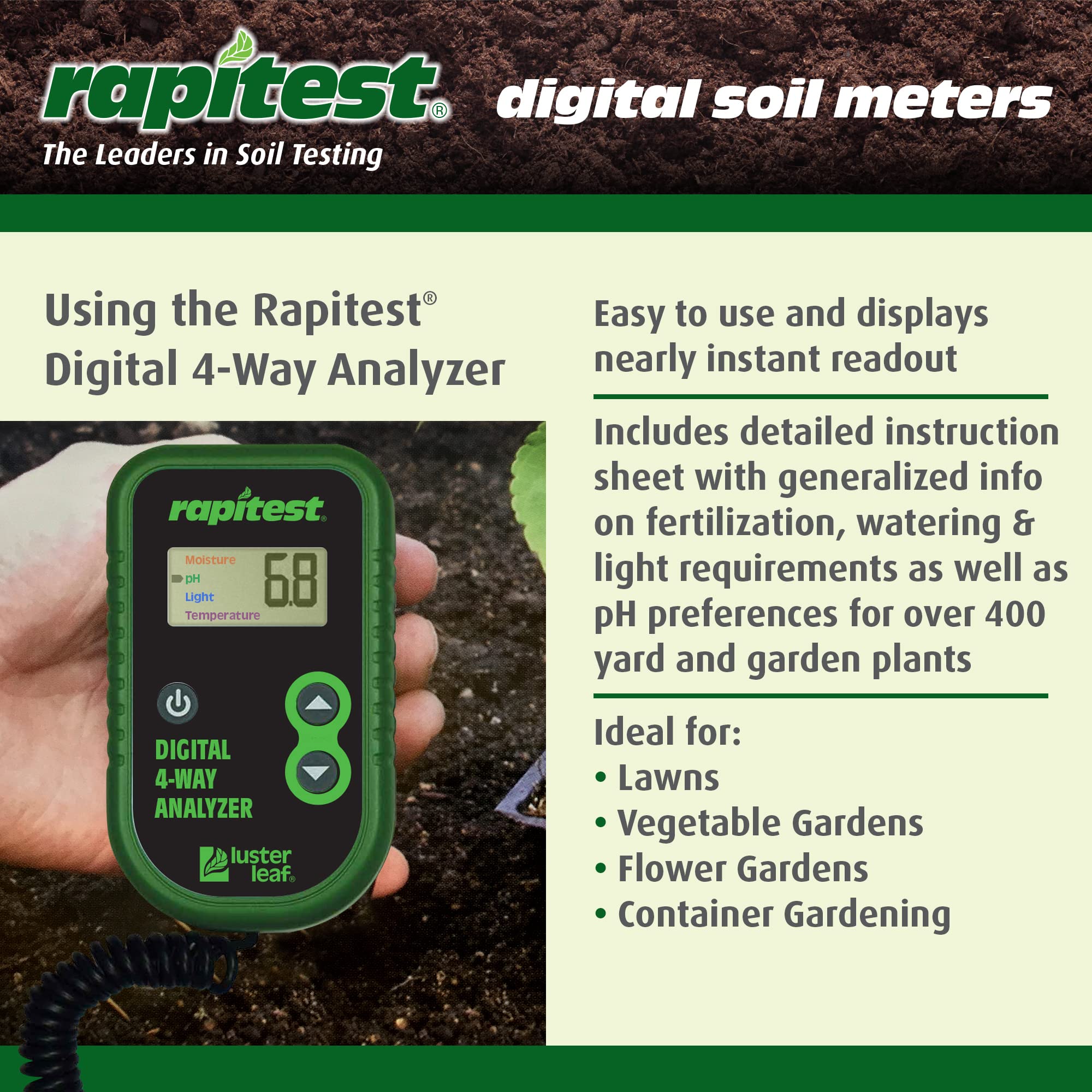 Luster Leaf Rapitest light and temperature checks guide plant placement.