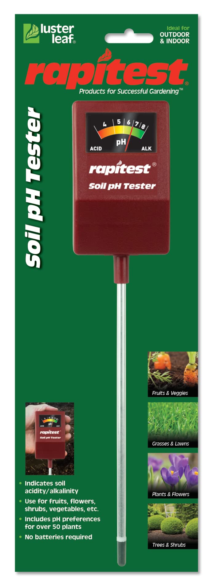 Luster Leaf Rapitest soil pH tester in garden shows quick acid/alkaline reading for planting