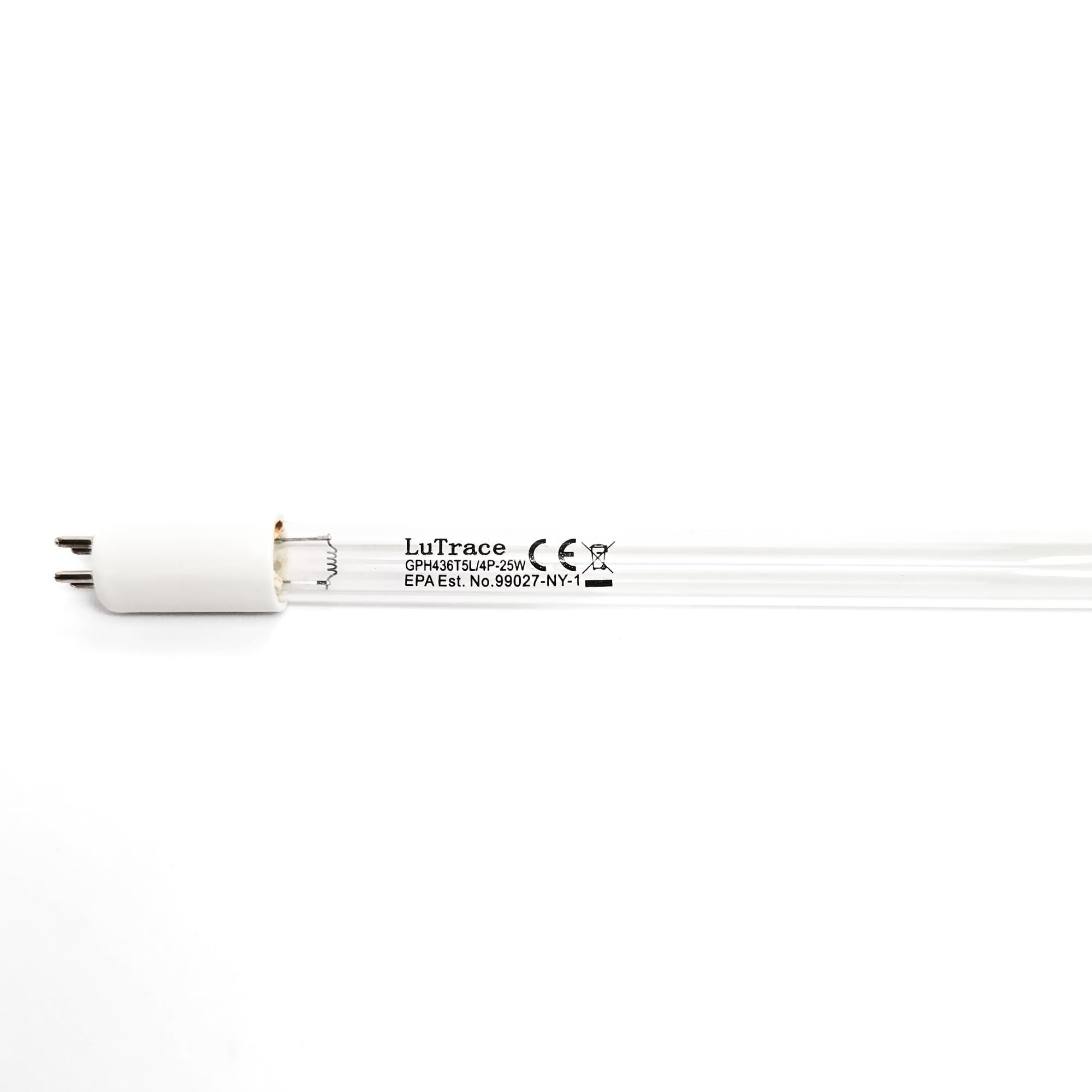 Lutrace Pura Water 36002018 UV lamp label detail highlights longevity and compatibility.