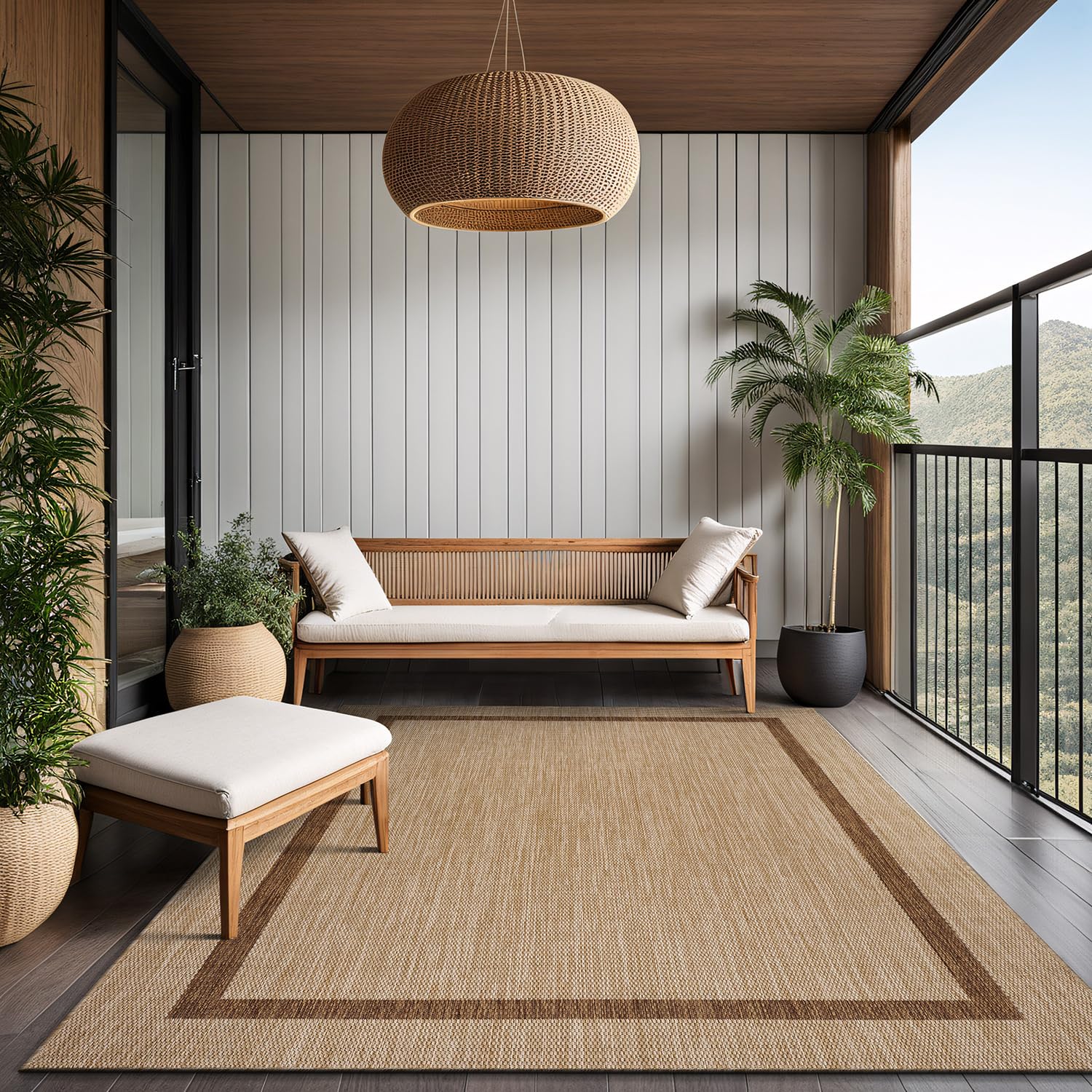 Luul Home bordered outdoor rug 5x7 blue shade for sunny spaces.