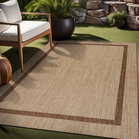 Luul Home bordered outdoor rug 5x7 nut brown beige border, warm look.