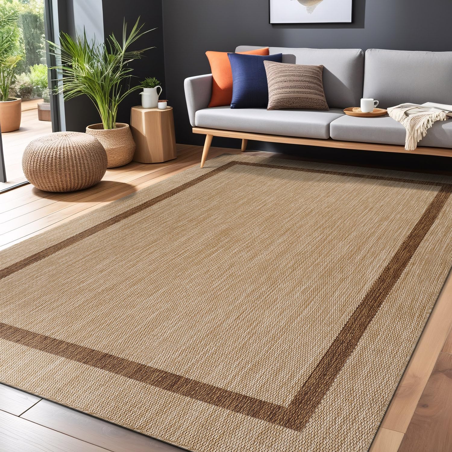 Luul Home bordered outdoor rug 5x7 living room transition, indoor friendly.