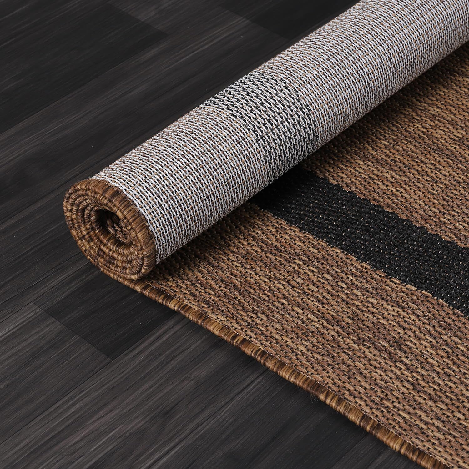 Luul Home bordered outdoor rug 8x10 color-deck showcases gray, blue, navy, beige, and dark gray.