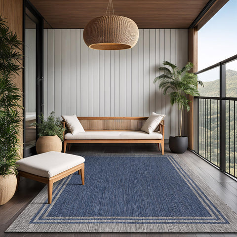 Luul Home stain resistant navy rug maintains color after outdoor use
