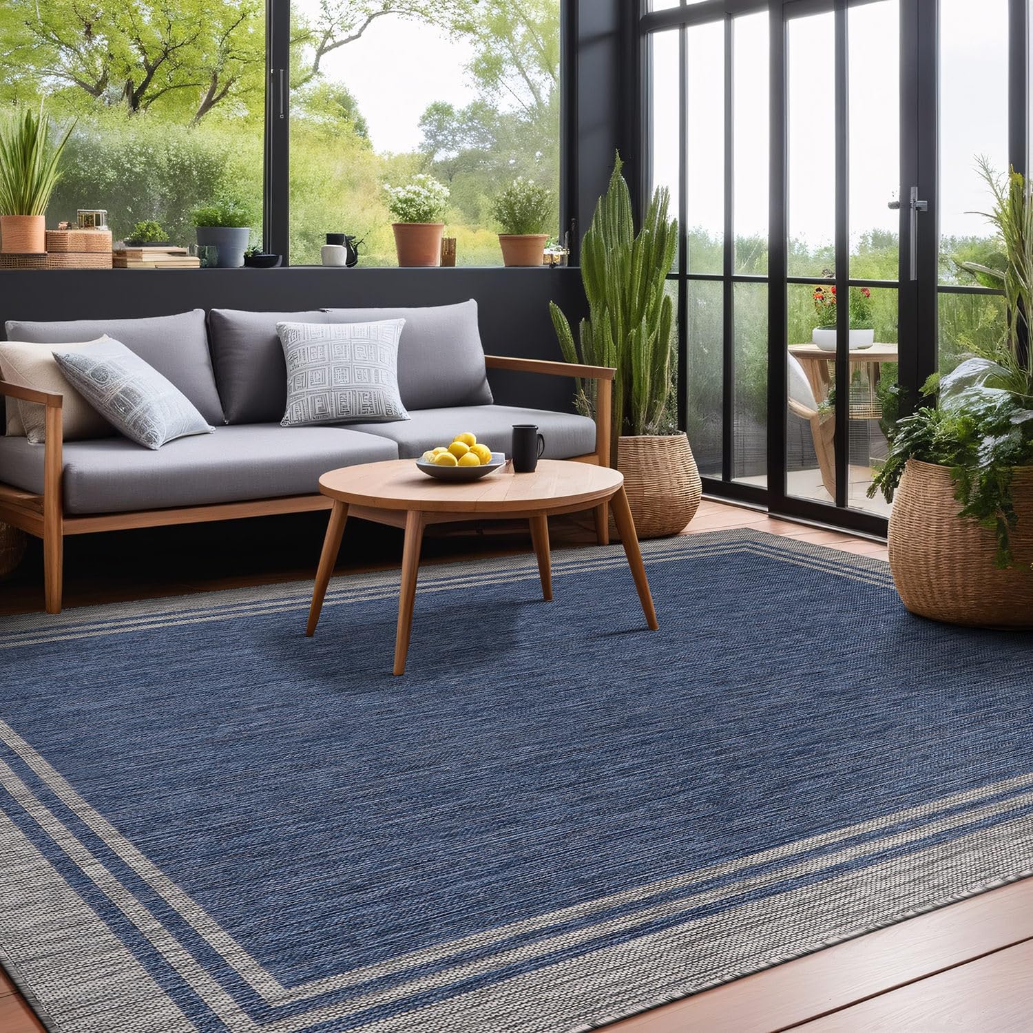 Luul Home bordered rug, chic navy tone enhances porch décor.