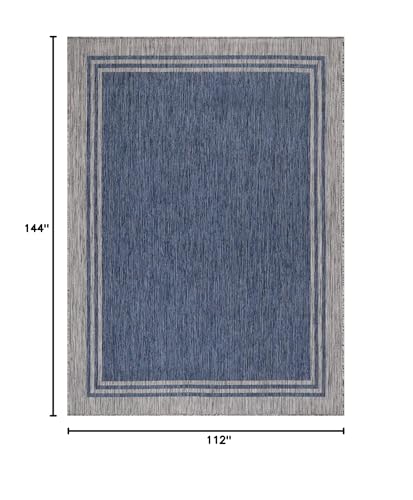 Luul Home bordered outdoor rug 9x12 navy, waterproof for decks and porches.