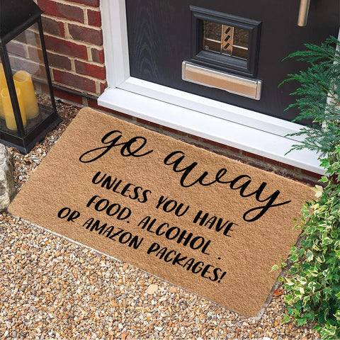 LUVADIAN Go Away mat on front door boosts curb appeal with humor.