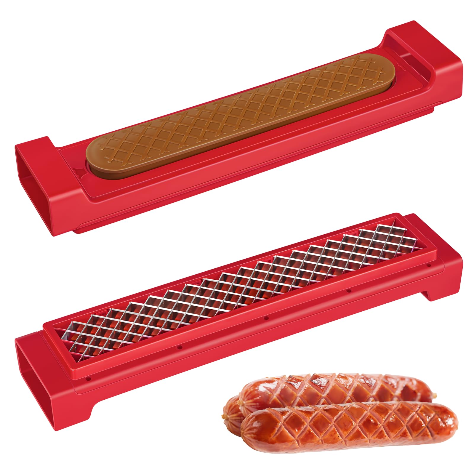Luvan hot dog cutter criss-cross blades close-up for uniform crosshatch cuts.