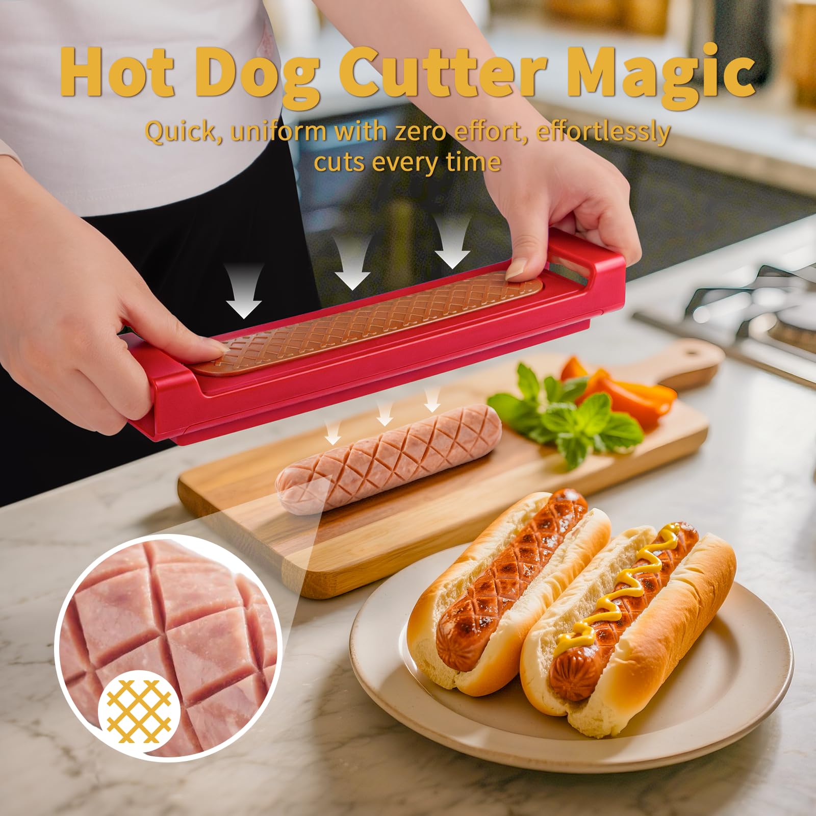 Luvan hot dog cutter one-touch release demonstrated with quick ejection.