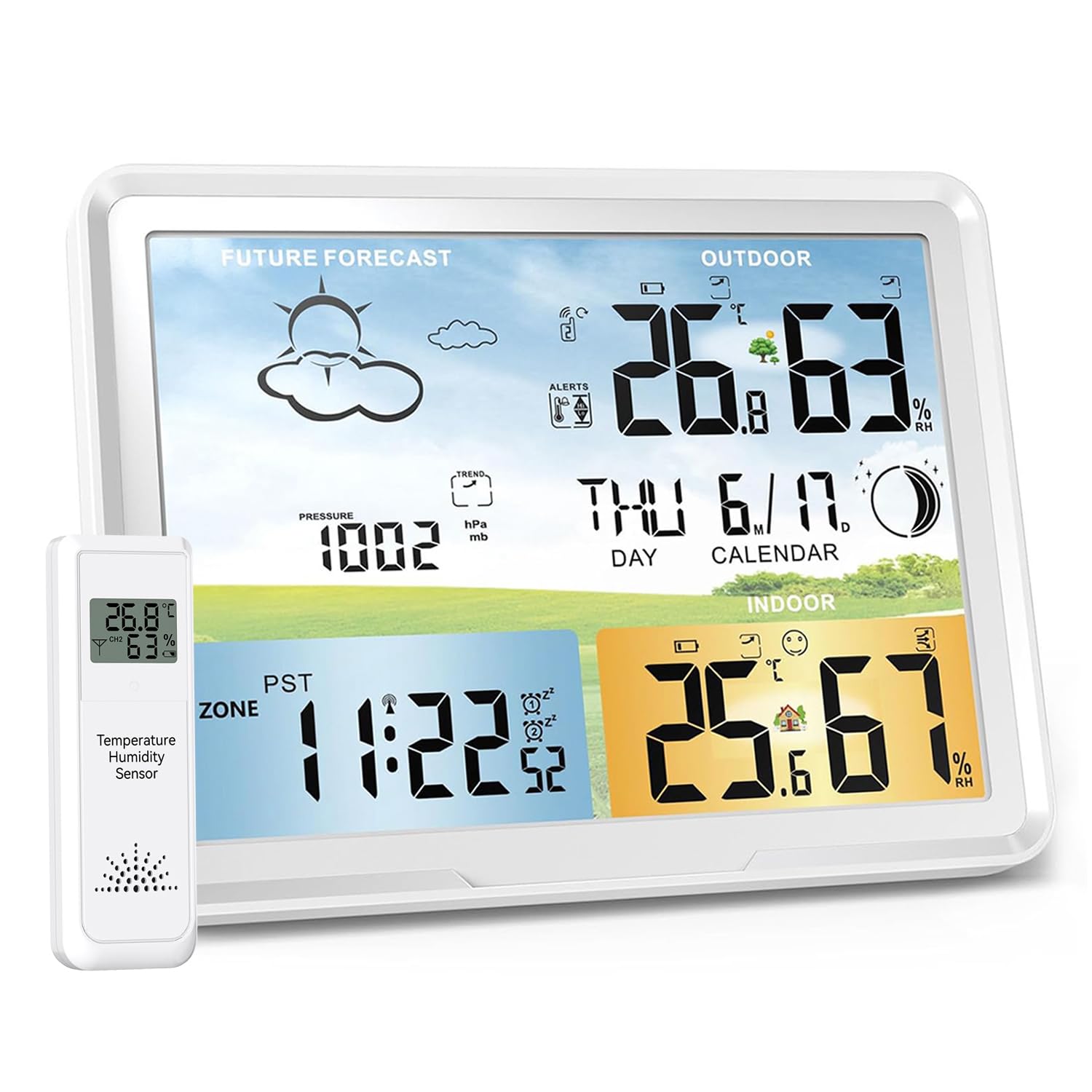 LUVUOKYE Weather Station full-color display shows indoor and outdoor readings at a glance