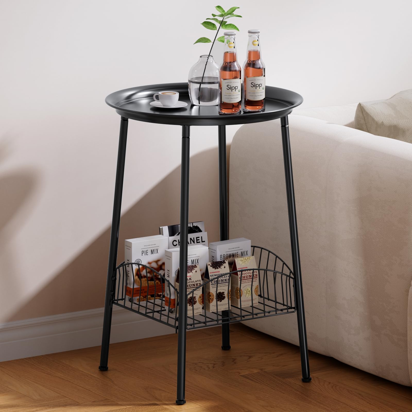 Luwesde two-tier storage image with mesh basket for magazines and tools.