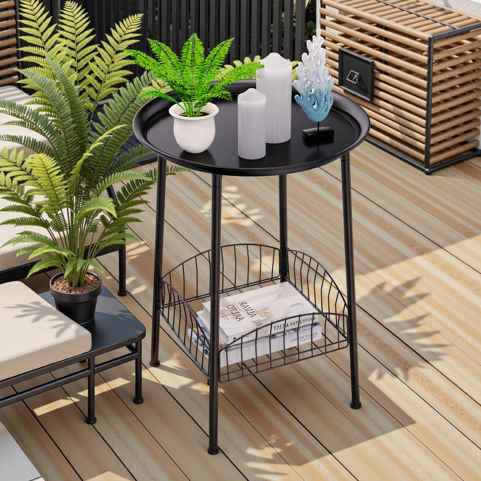 Luwesde outdoor side table, side-angle shot highlighting sturdy round frame for porch essentials.