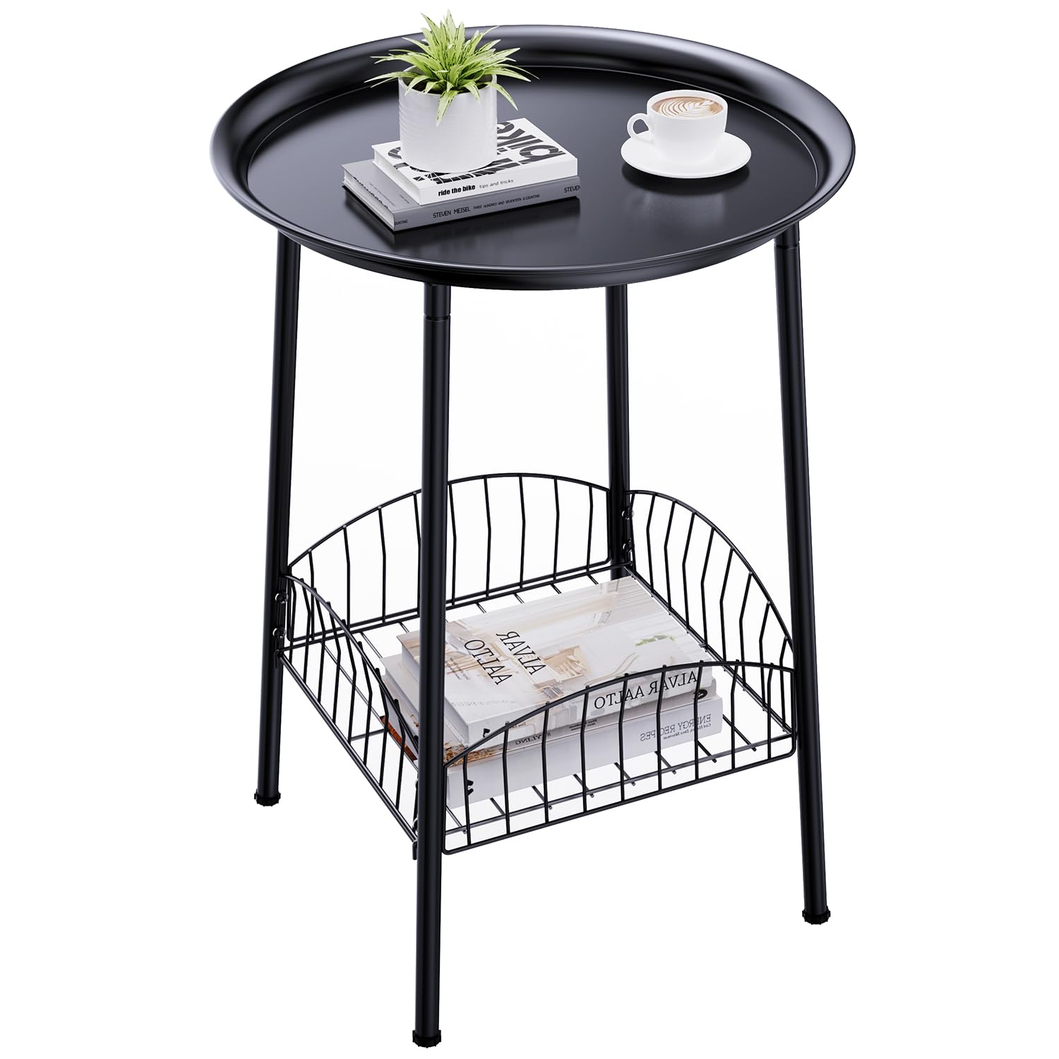 Luwesde small outdoor side table, top view, two-tier design ideal for drinks and plants.