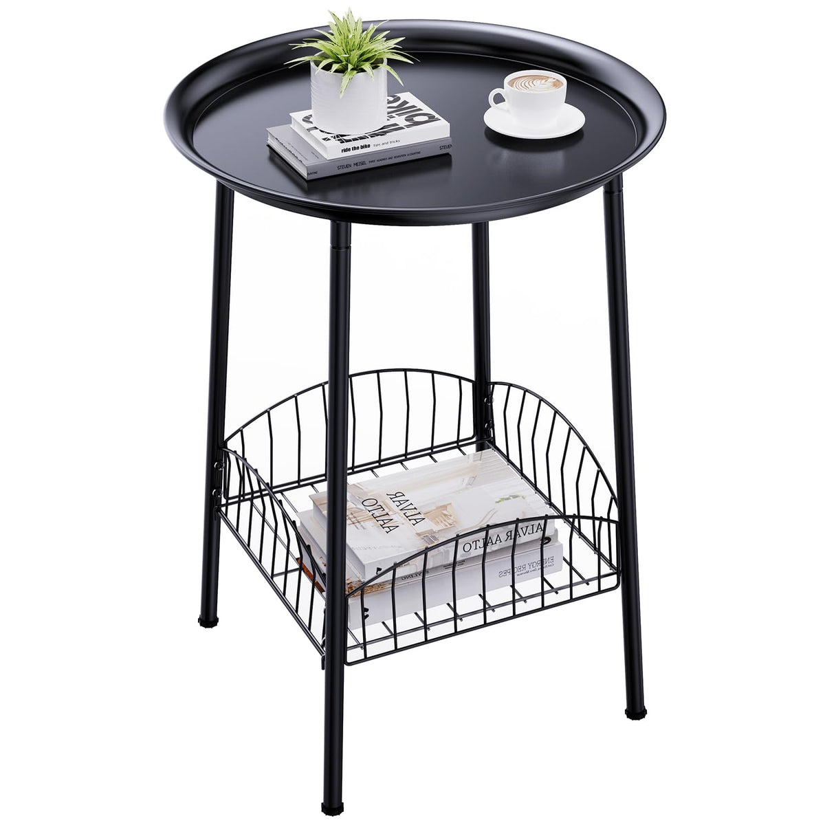 Luwesde small outdoor side table, top view, two-tier design ideal for drinks and plants.