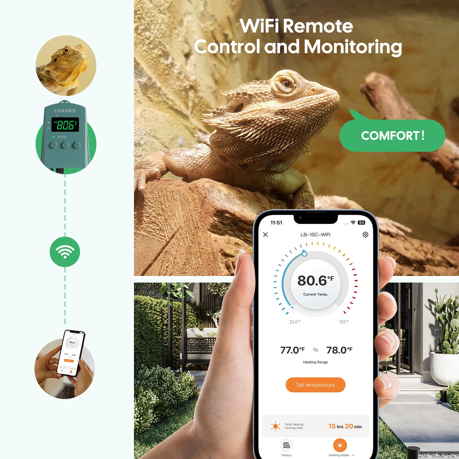 Luxbird app control interface for real-time temperature management from anywhere.