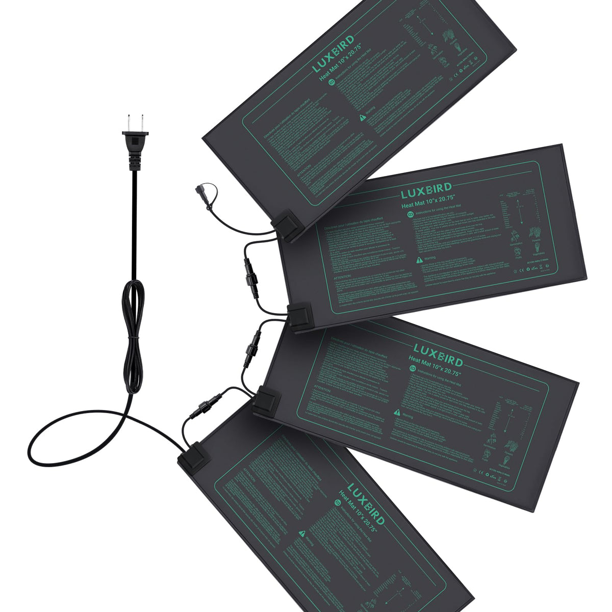 Luxbird daisy-chain heat mats connected for uniform germination across trays.