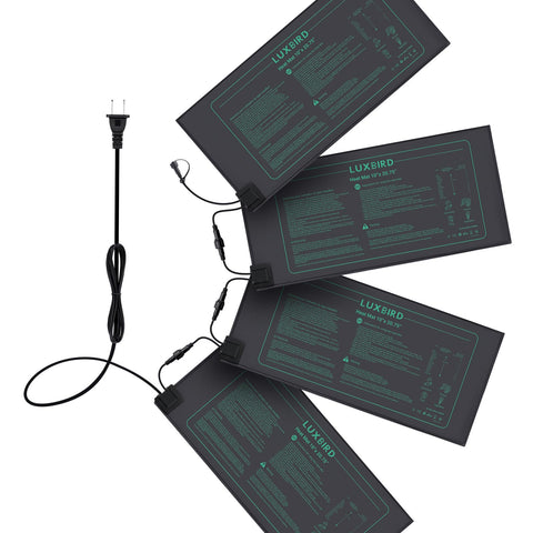 Luxbird daisy-chain heat mats connected for uniform germination across trays.