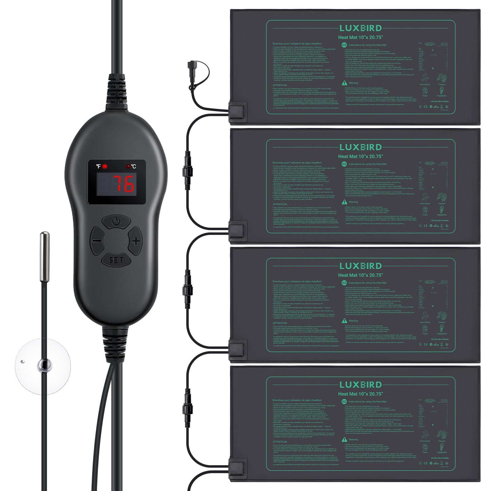 Luxbird HT04 heat mat setup with four mats powering an indoor seed starting system for steady root warmth.