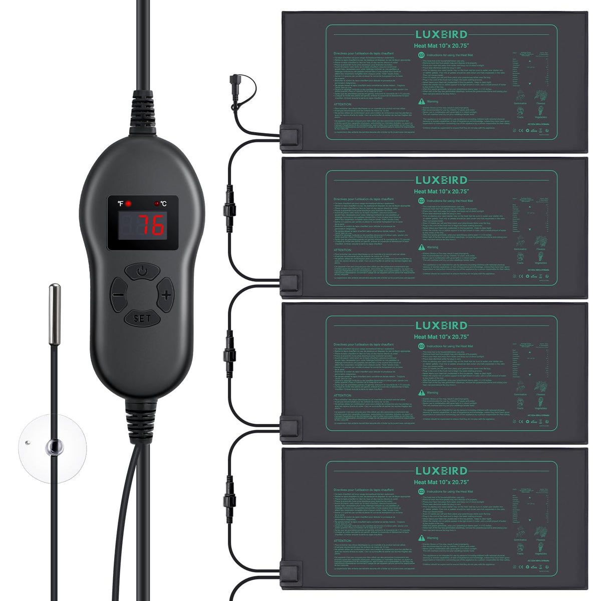 Luxbird HT04 heat mat setup with four mats powering an indoor seed starting system for steady root warmth.