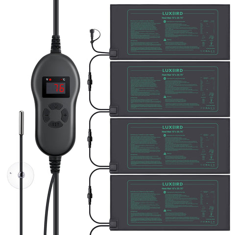 Luxbird HT04 heat mat setup with four mats powering an indoor seed starting system for steady root warmth.