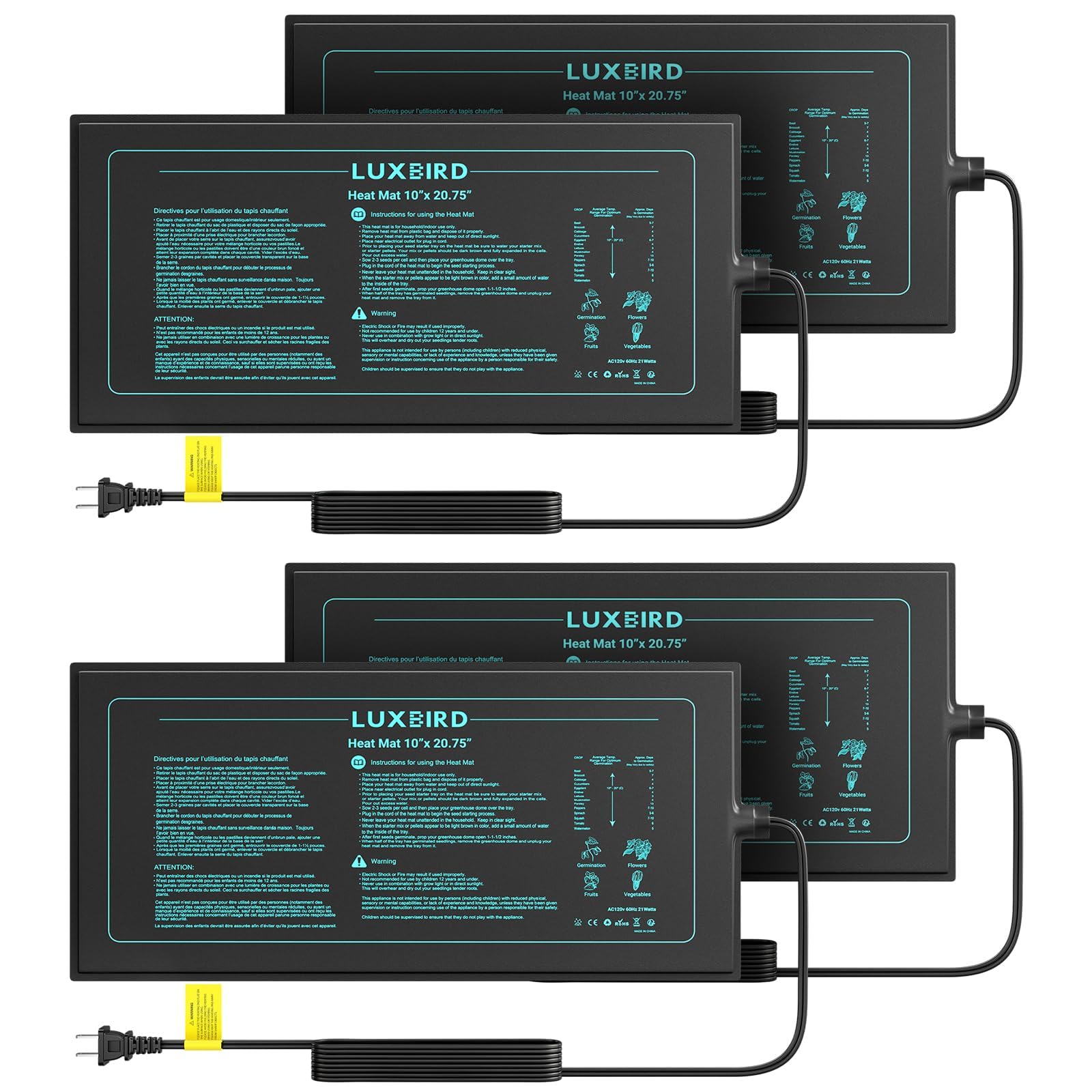 Luxbird seedling heat mat 4-pack under a seed tray for even germination warmth
