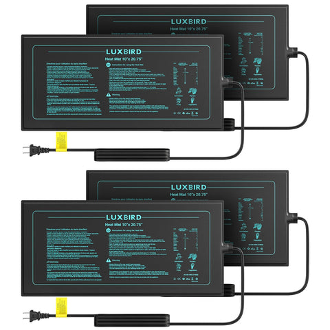 Luxbird seedling heat mat 4-pack under a seed tray for even germination warmth