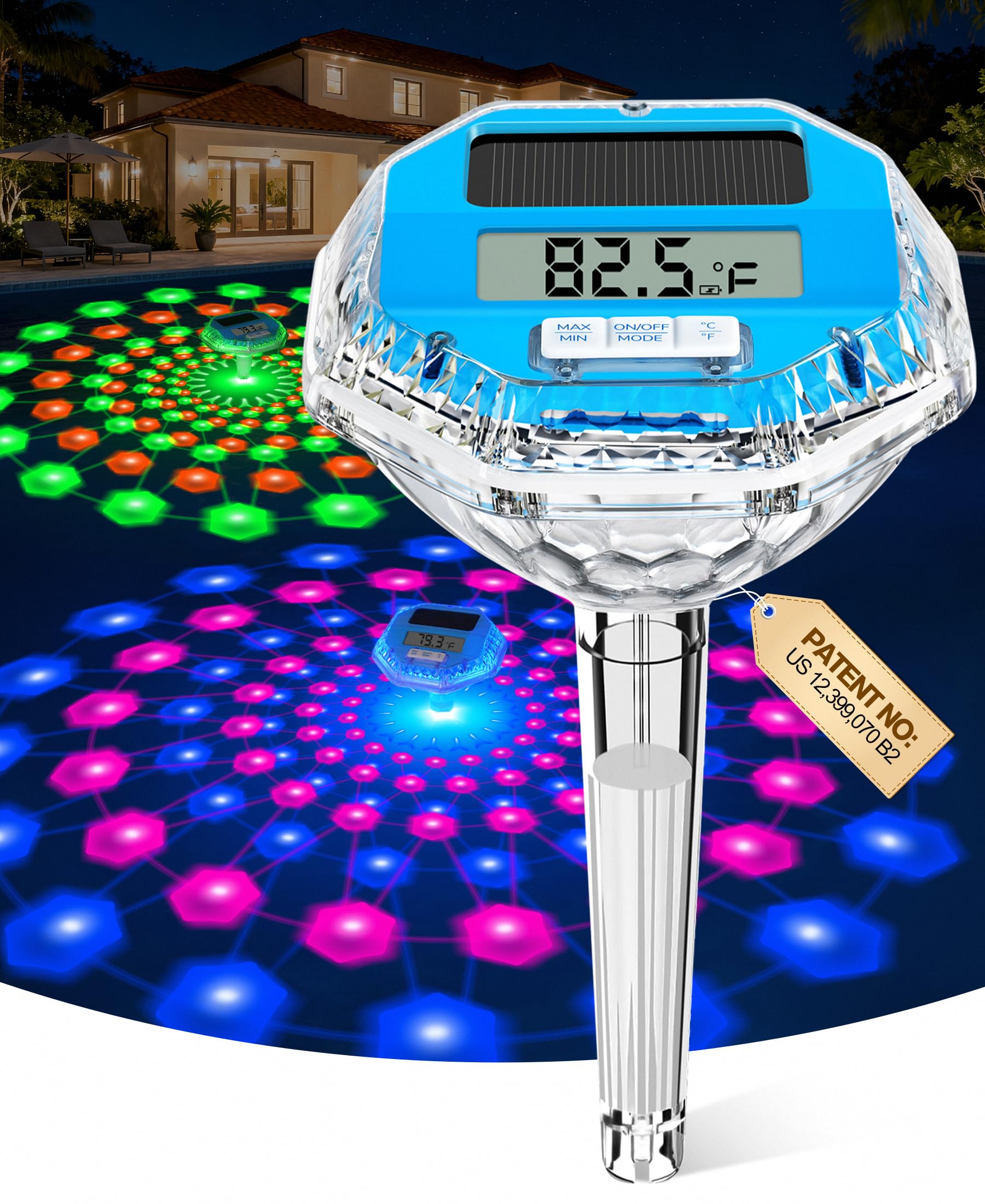 LuxBlue 2026 solar pool thermometer with light show for night reading