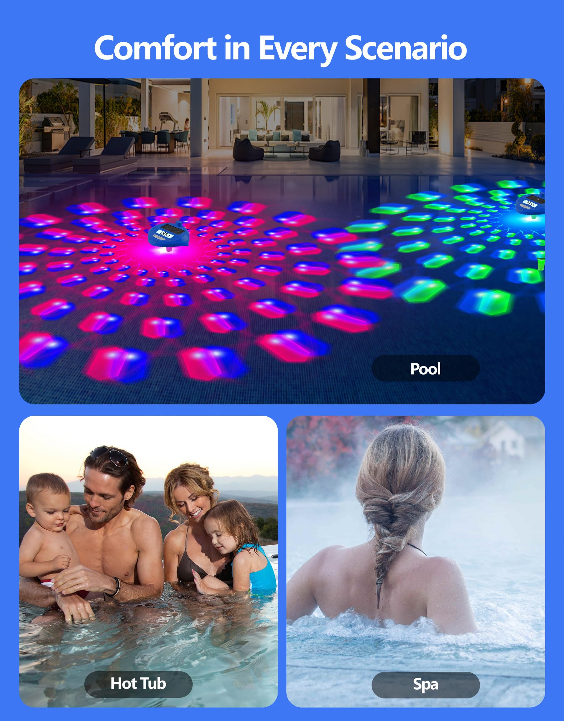 Floating design lets you monitor temperature while enjoying water activities.
