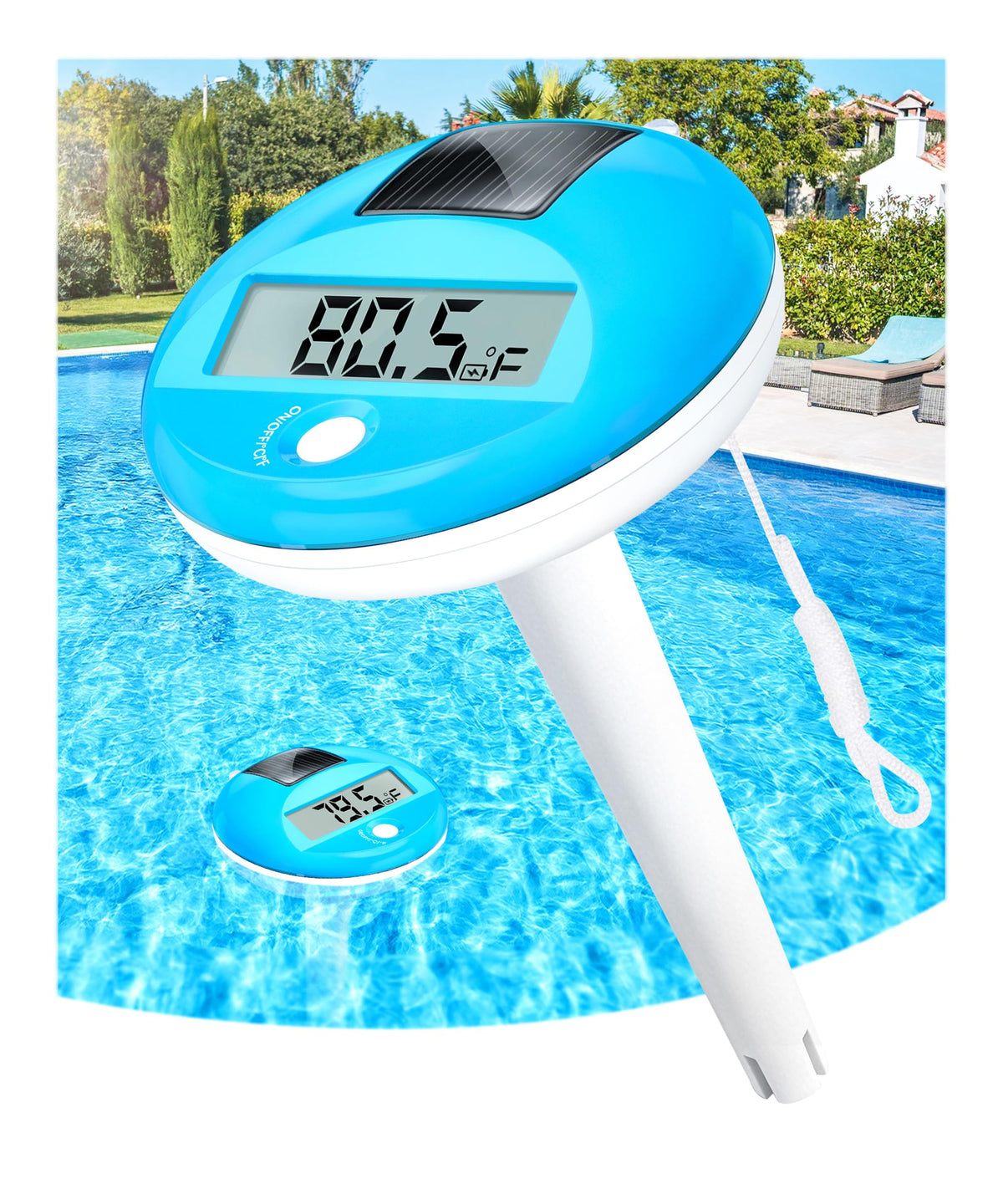LuxBlue floating pool thermometer with clear display for easy temperature checks.