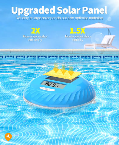 LuxBlue waterproof IP68 thermometer floats securely in pool water.