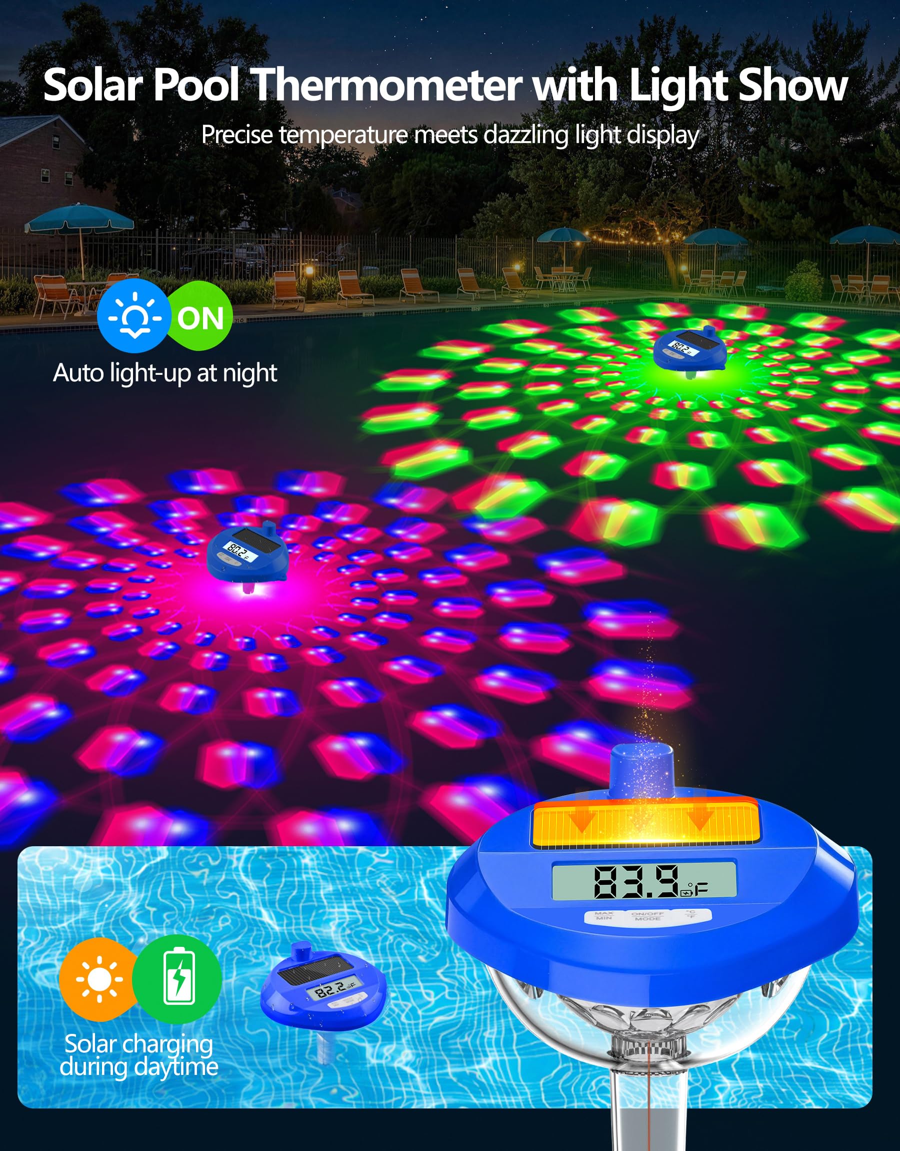 LuxBlue pool thermometer emits colorful night lights to create a magical pool ambiance.