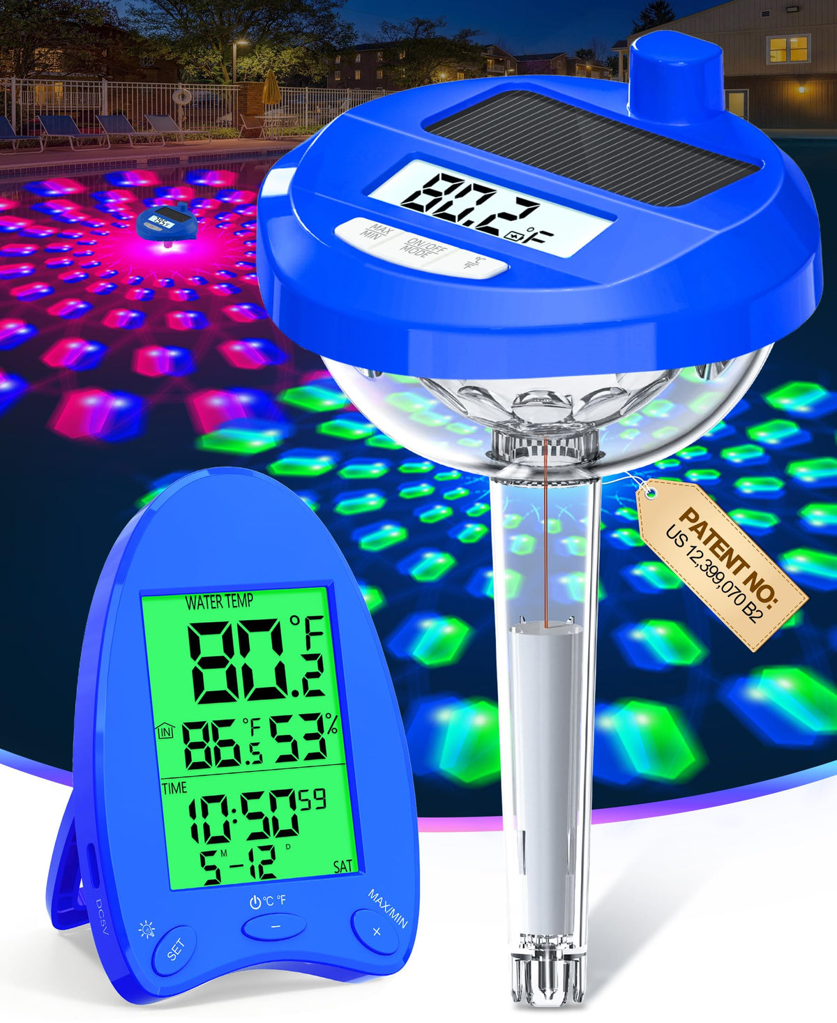 LuxBlue Solar Pool Thermometer with 650ft range displays real-time water temperature.