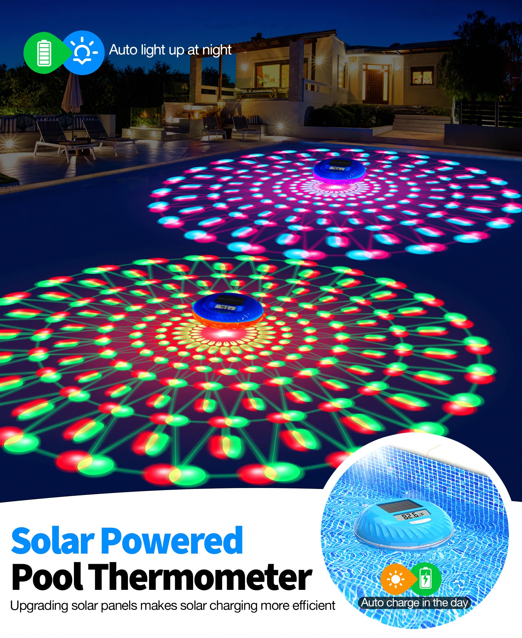 LuxBlue device showcasing dynamic lighting modes for poolside ambience.
