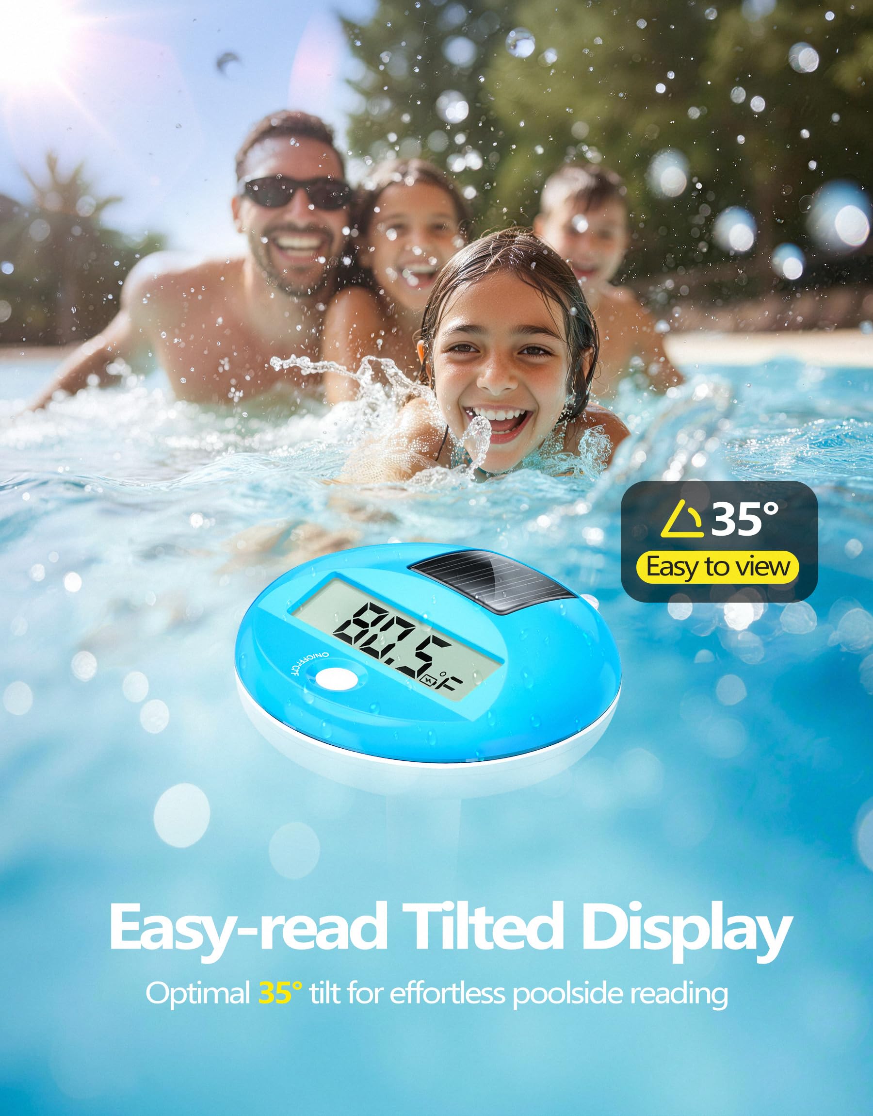 LuxBlue tilted large LCD display lets you read temperature from poolside.