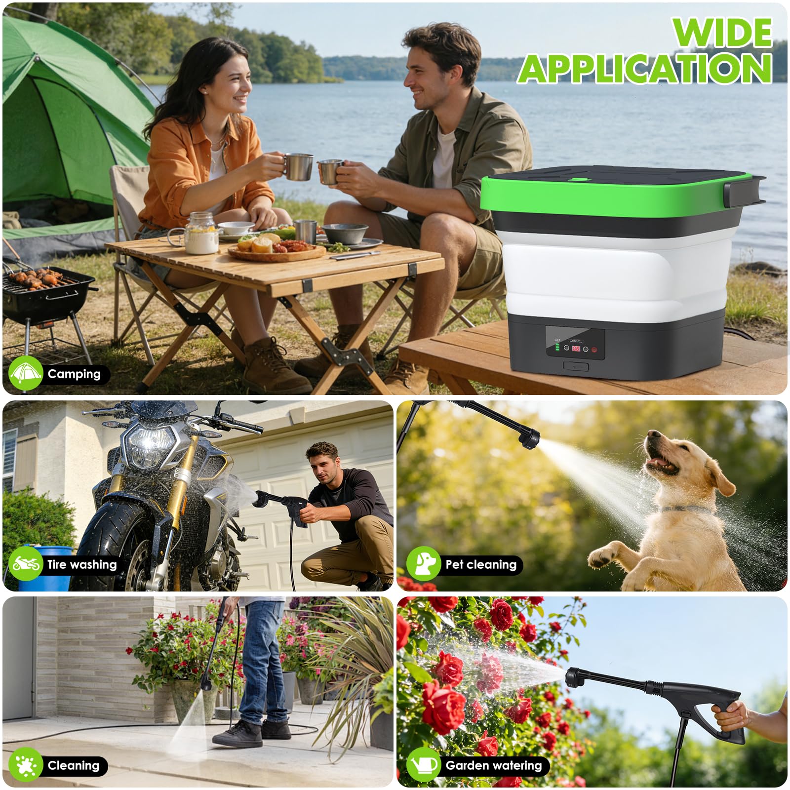 LuxPool cordless pressure washer with detachable swivel wheels for easy transport.