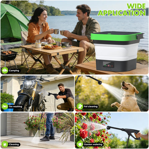 LuxPool cordless pressure washer with detachable swivel wheels for easy transport.