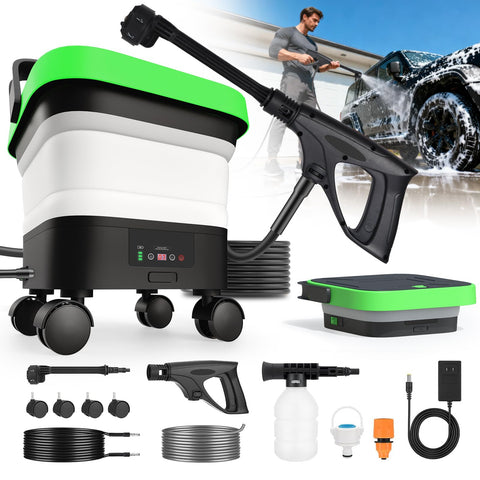 LuxPool cordless pressure washer with foldable tank for on-the-go water access and storage.