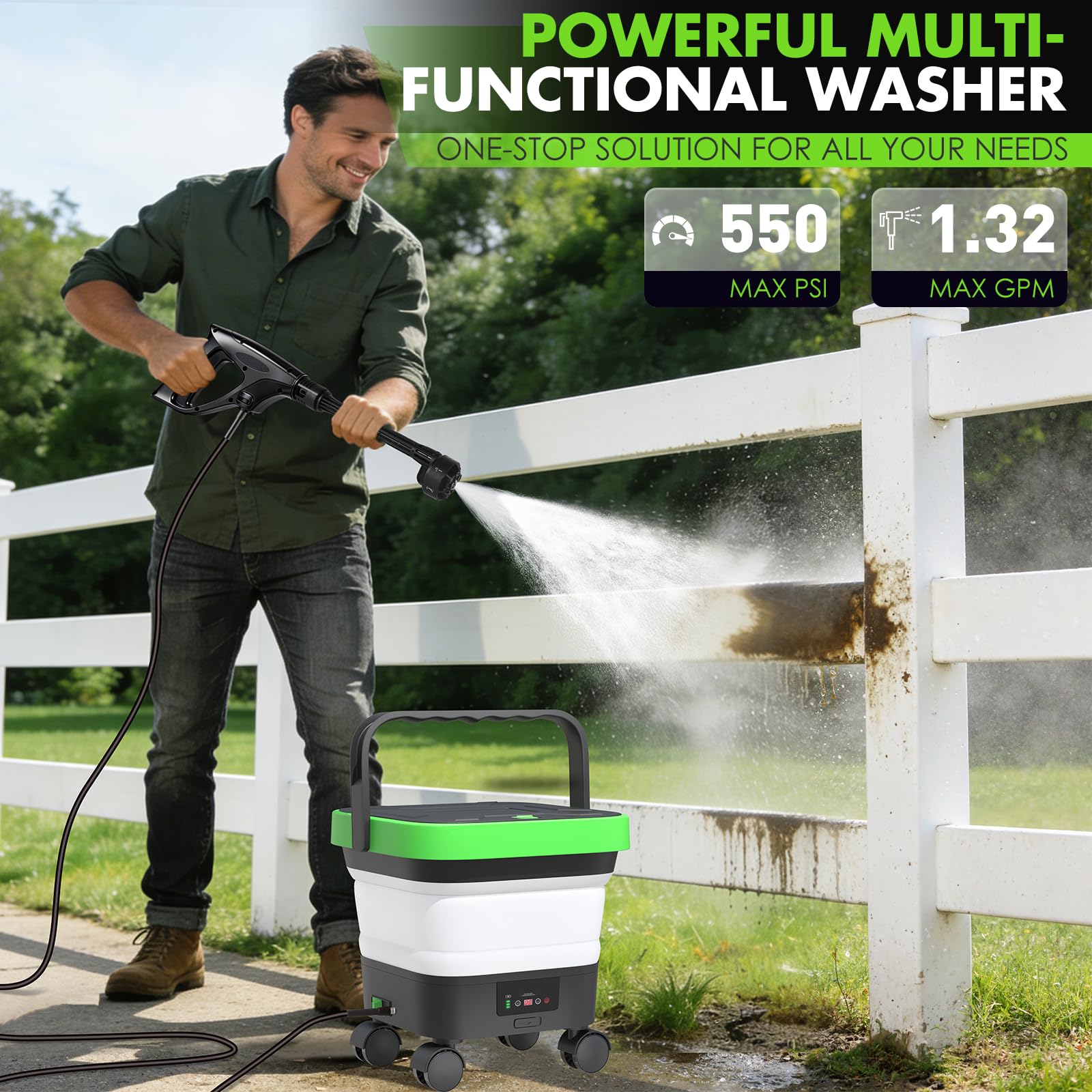 LuxPool cordless pressure washer with six-in-one nozzle for quick switching between jets.