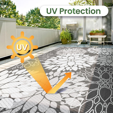 LuxStep outdoor rug on deck shows reinforced edges.