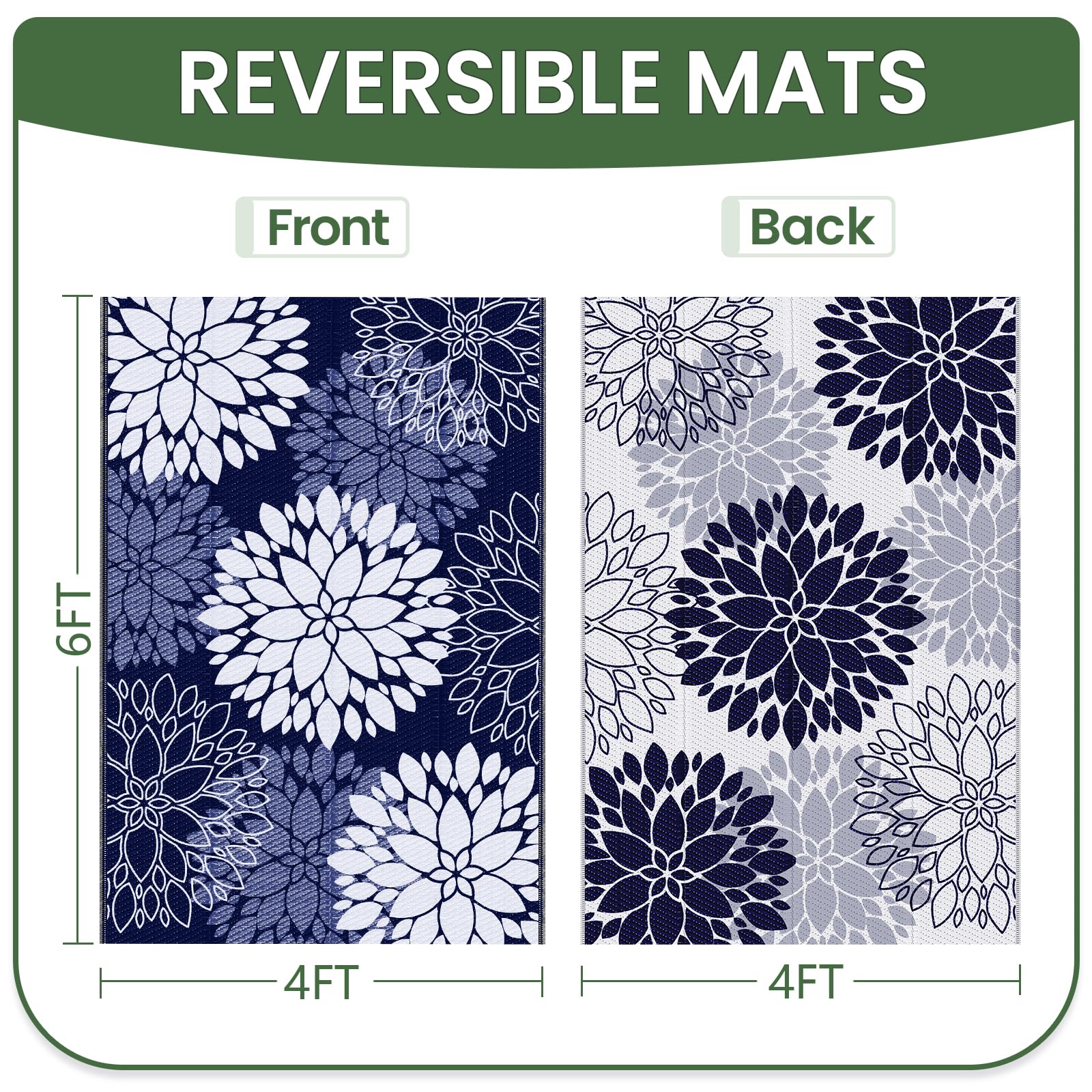 LuxStep logo features a reversible blue rug with flower pattern for versatile porches.