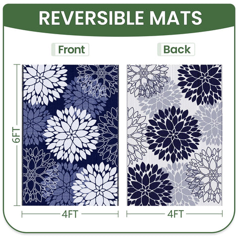 LuxStep logo features a reversible blue rug with flower pattern for versatile porches.